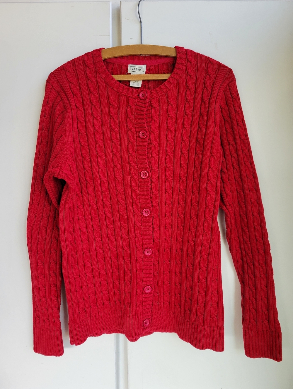 L.L. Bean Womens Button Front Cable Sweater 100% Cotton Solid Red Size L